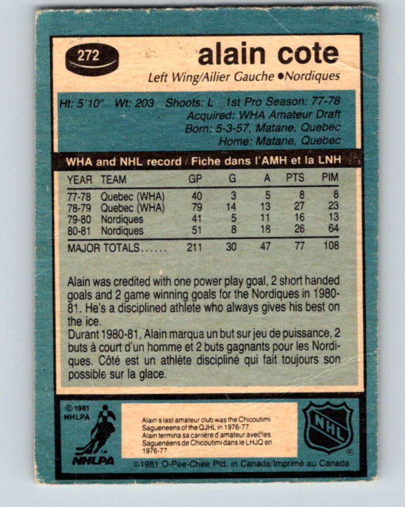 1981-82 O-Pee-Chee #272 Alain Cote Quebec Nordiques V31421