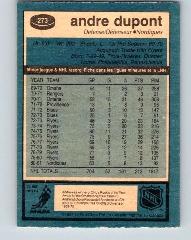 1981-82 O-Pee-Chee #273 Andre Dupont Quebec Nordiques V31423