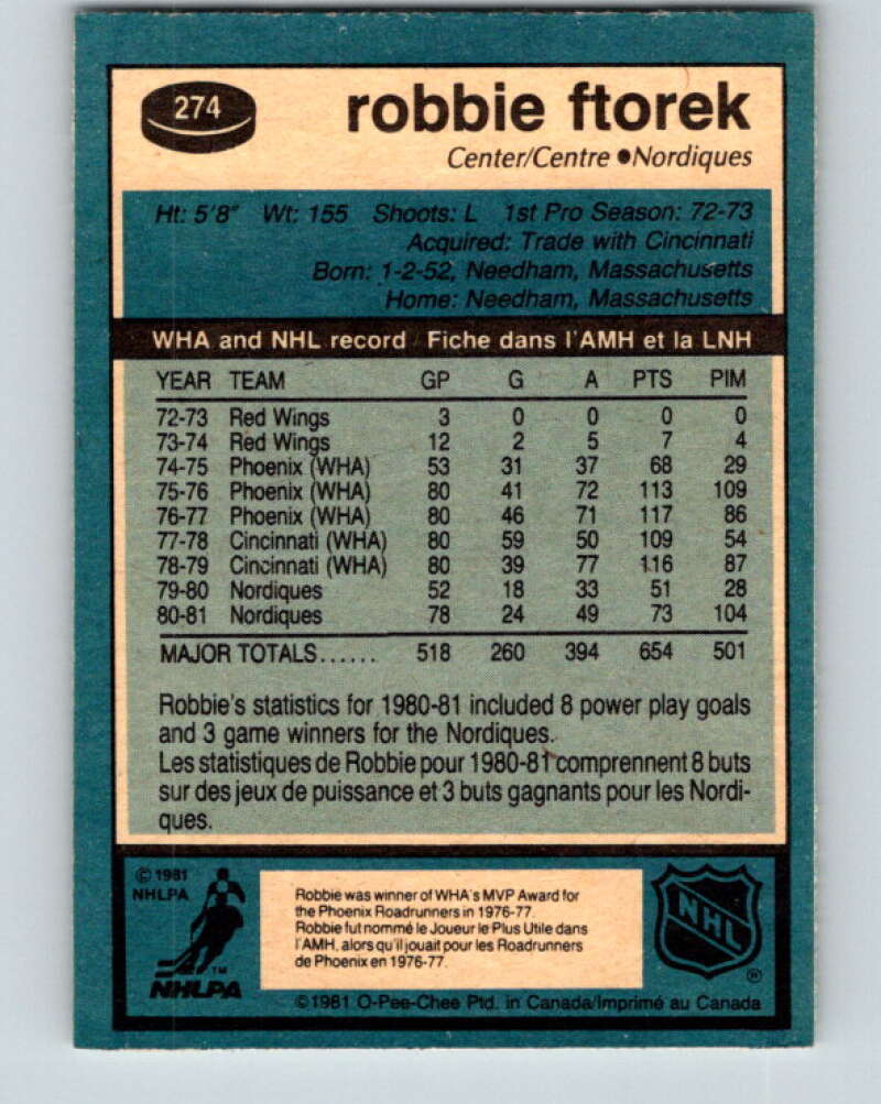 1981-82 O-Pee-Chee #274 Robbie Ftorek Quebec Nordiques V31431