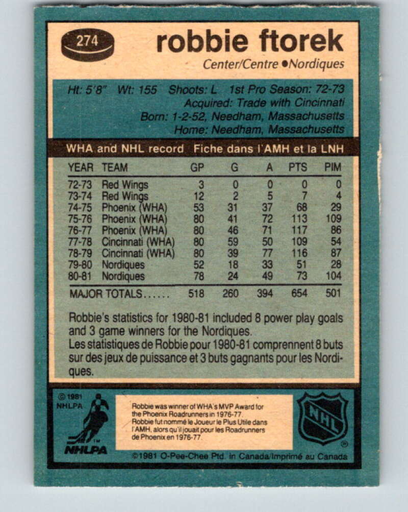 1981-82 O-Pee-Chee #274 Robbie Ftorek Quebec Nordiques V31432