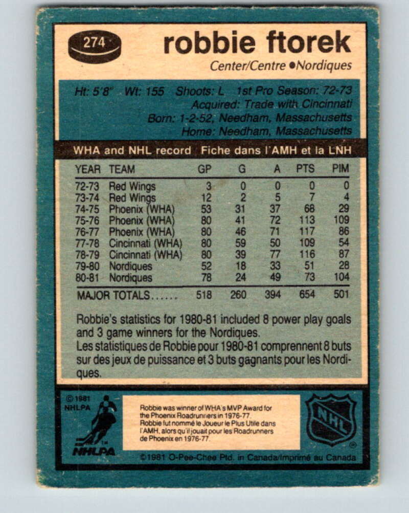 1981-82 O-Pee-Chee #274 Robbie Ftorek Quebec Nordiques V31438