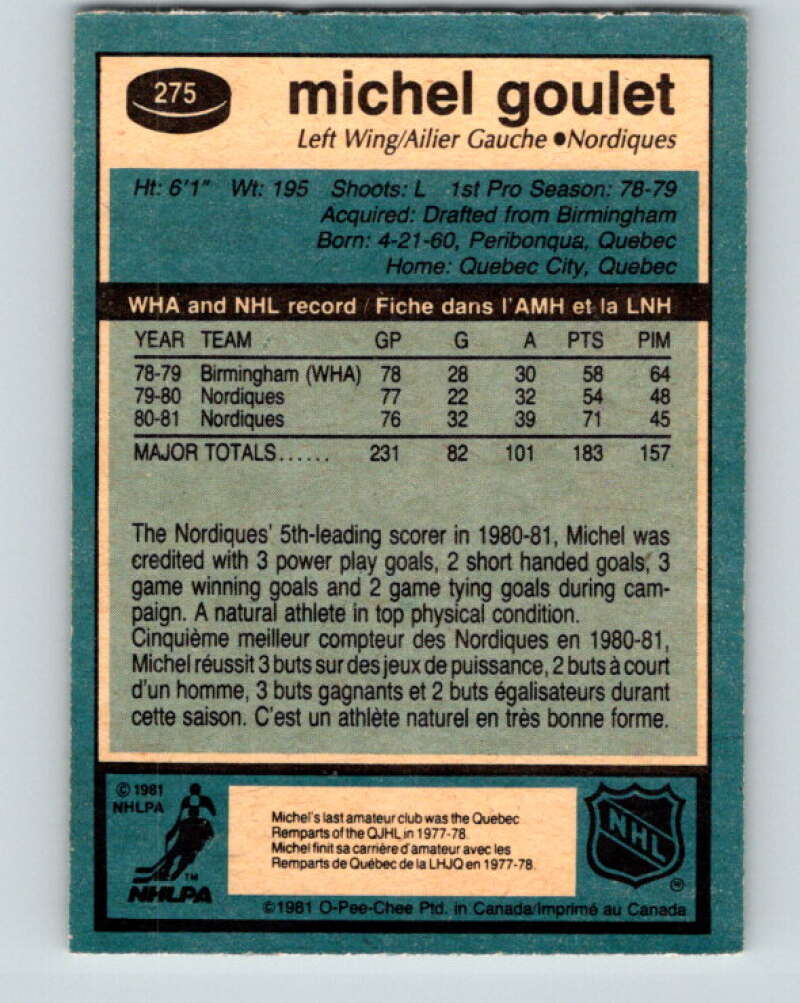 1981-82 O-Pee-Chee #275 Michel Goulet Quebec Nordiques V31440
