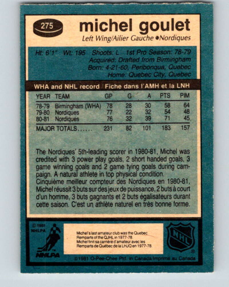 1981-82 O-Pee-Chee #275 Michel Goulet Quebec Nordiques V31442