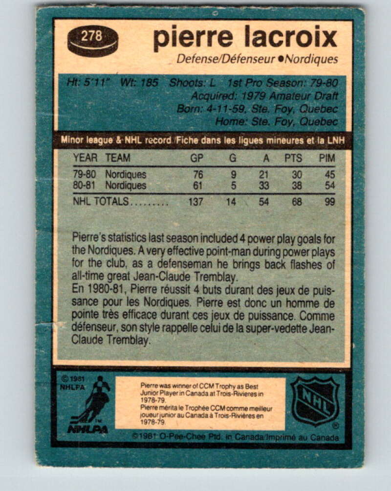 1981-82 O-Pee-Chee #278 Pierre Lacroix RC Rookie Quebec Nordiques V31453