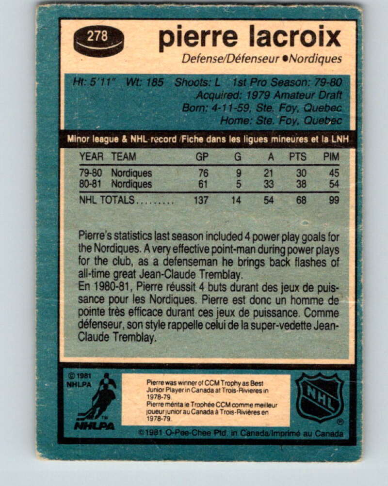 1981-82 O-Pee-Chee #278 Pierre Lacroix RC Rookie Quebec Nordiques V31454