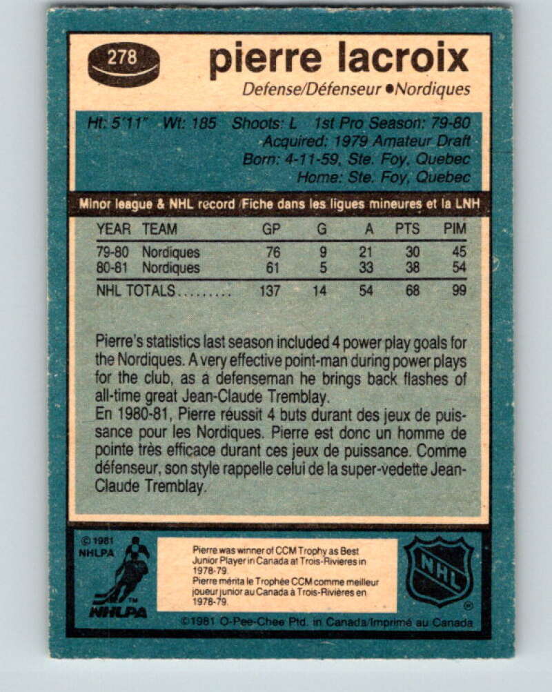 1981-82 O-Pee-Chee #278 Pierre Lacroix RC Rookie Quebec Nordiques V31455