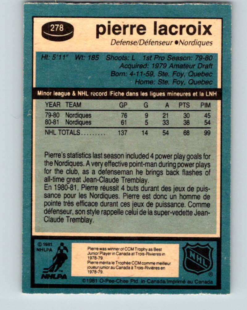 1981-82 O-Pee-Chee #278 Pierre Lacroix RC Rookie Quebec Nordiques V31456