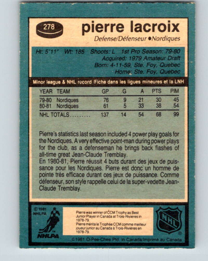 1981-82 O-Pee-Chee #278 Pierre Lacroix RC Rookie Quebec Nordiques V31457