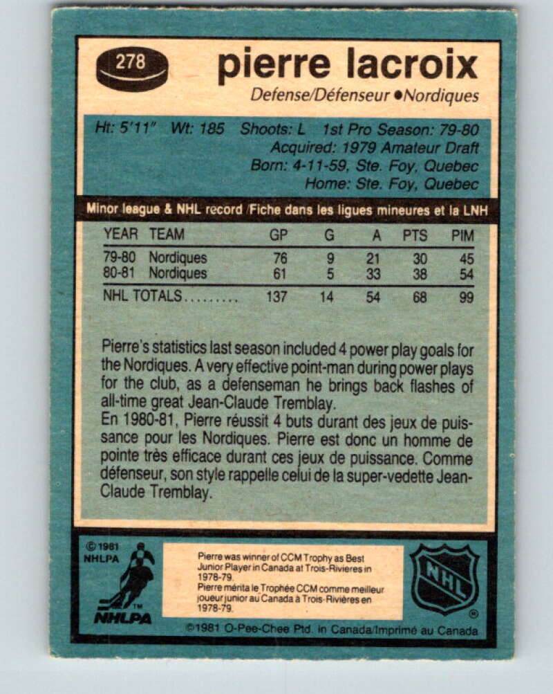 1981-82 O-Pee-Chee #278 Pierre Lacroix RC Rookie Quebec Nordiques V31458