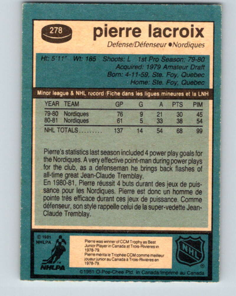 1981-82 O-Pee-Chee #278 Pierre Lacroix RC Rookie Quebec Nordiques V31459