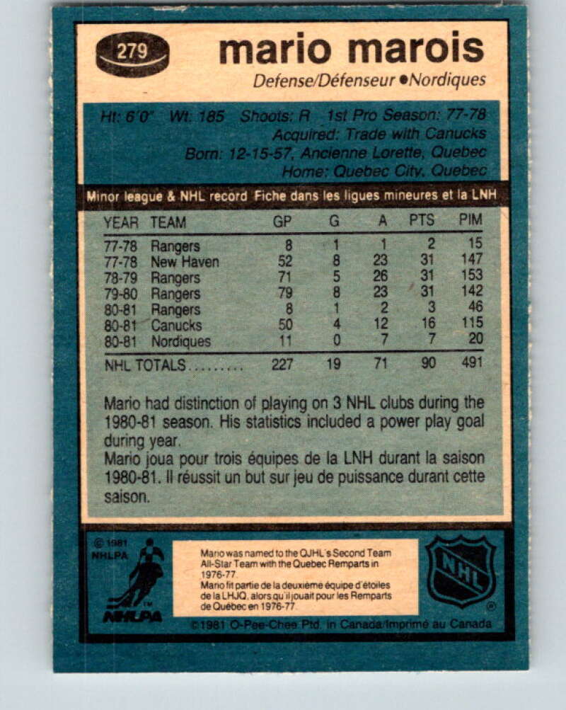 1981-82 O-Pee-Chee #279 Mario Marois RC Rookie Quebec Nordiques V31461