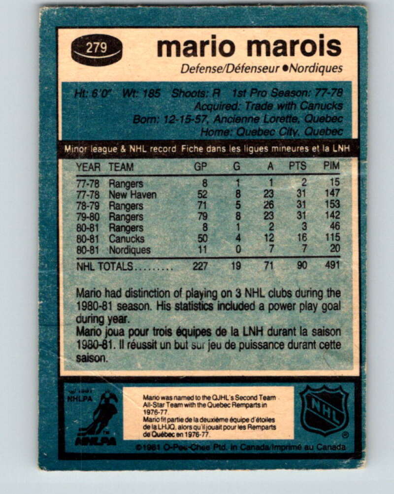 1981-82 O-Pee-Chee #279 Mario Marois RC Rookie Quebec Nordiques V31462