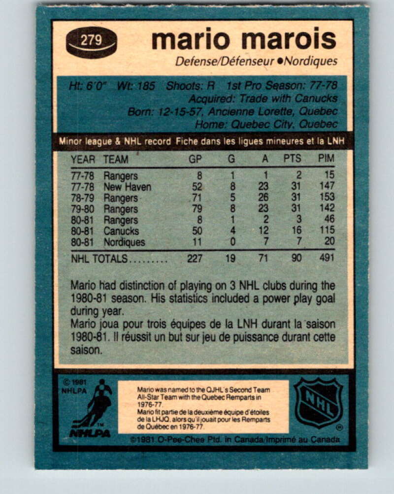 1981-82 O-Pee-Chee #279 Mario Marois RC Rookie Quebec Nordiques V31465