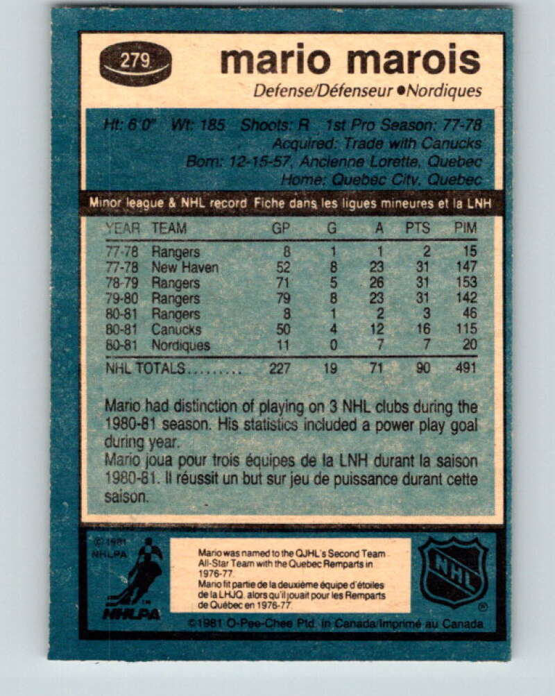 1981-82 O-Pee-Chee #279 Mario Marois RC Rookie Quebec Nordiques V31466