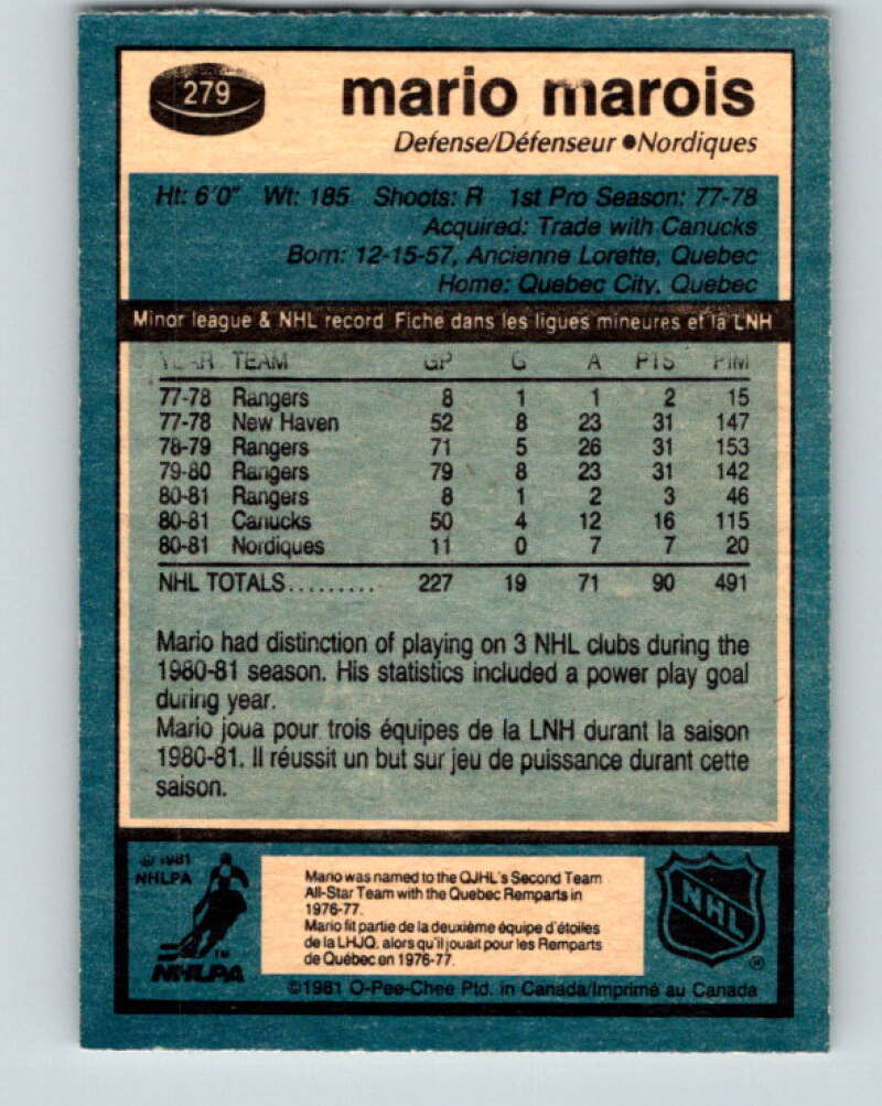 1981-82 O-Pee-Chee #279 Mario Marois RC Rookie Quebec Nordiques V31467