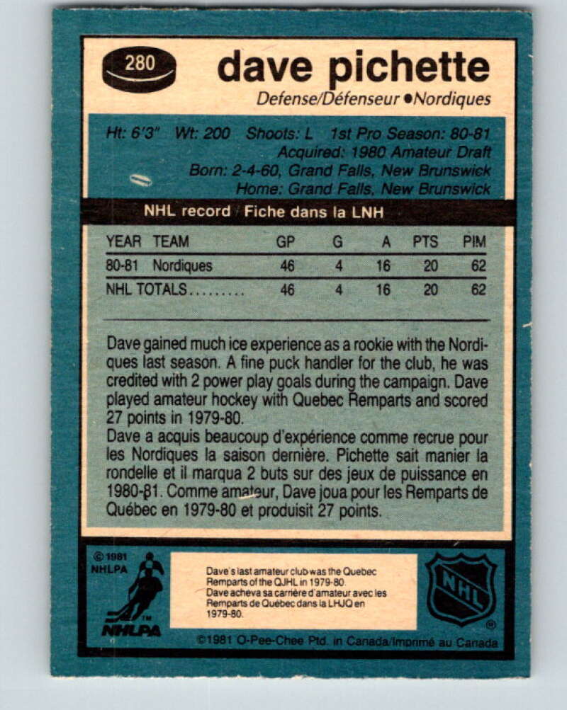 1981-82 O-Pee-Chee #280 Dave Pichette RC Rookie Quebec Nordiques V31469
