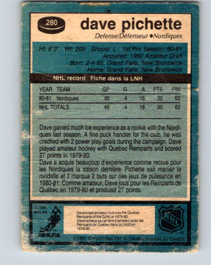 1981-82 O-Pee-Chee #280 Dave Pichette RC Rookie Quebec Nordiques V31470