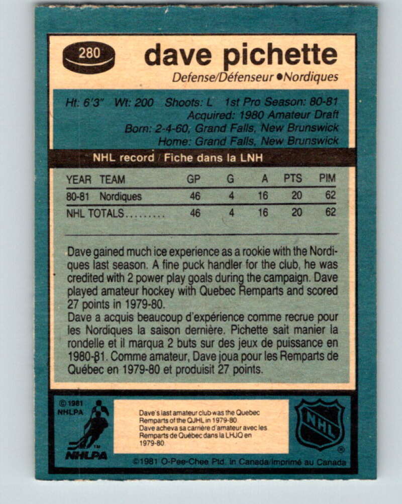 1981-82 O-Pee-Chee #280 Dave Pichette RC Rookie Quebec Nordiques V31472