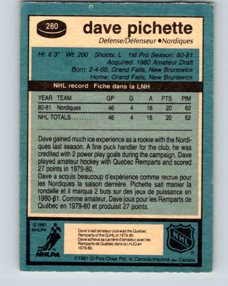 1981-82 O-Pee-Chee #280 Dave Pichette RC Rookie Quebec Nordiques V31473