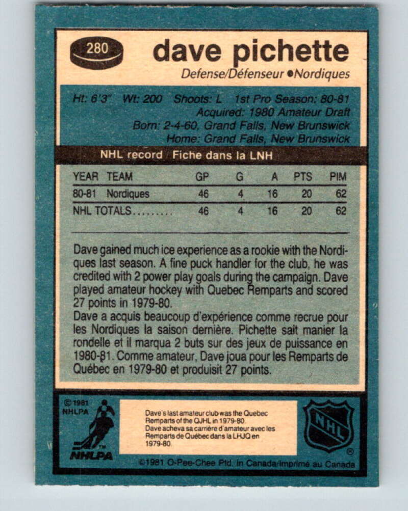 1981-82 O-Pee-Chee #280 Dave Pichette RC Rookie Quebec Nordiques V31474