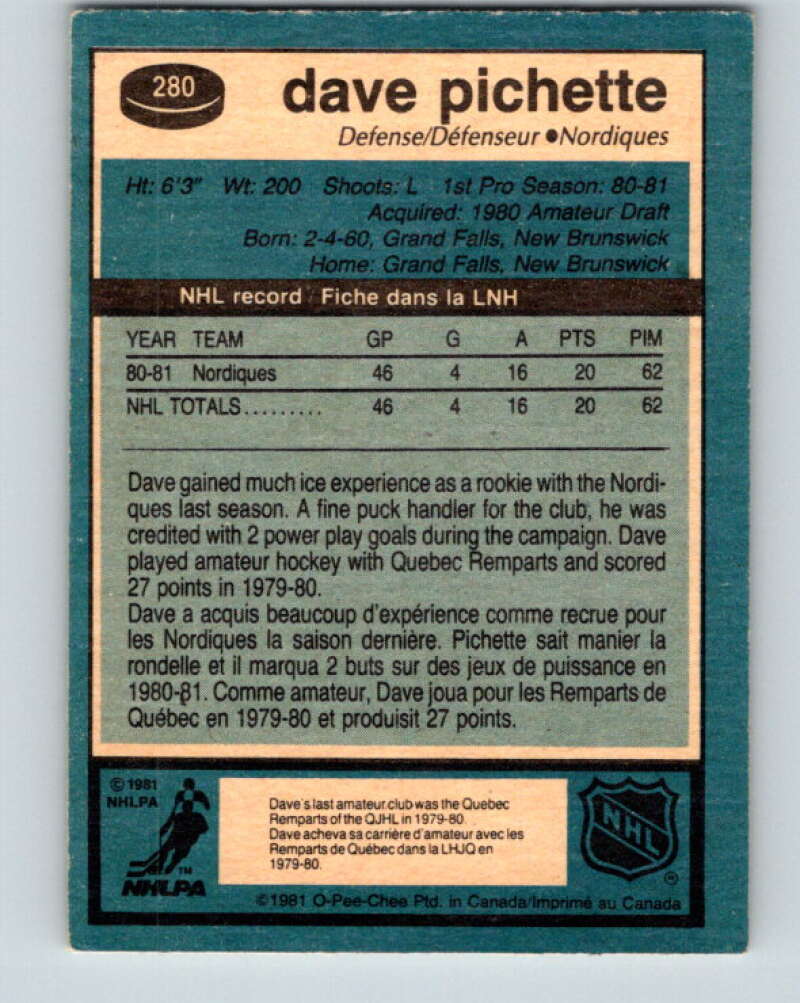 1981-82 O-Pee-Chee #280 Dave Pichette RC Rookie Quebec Nordiques V31475