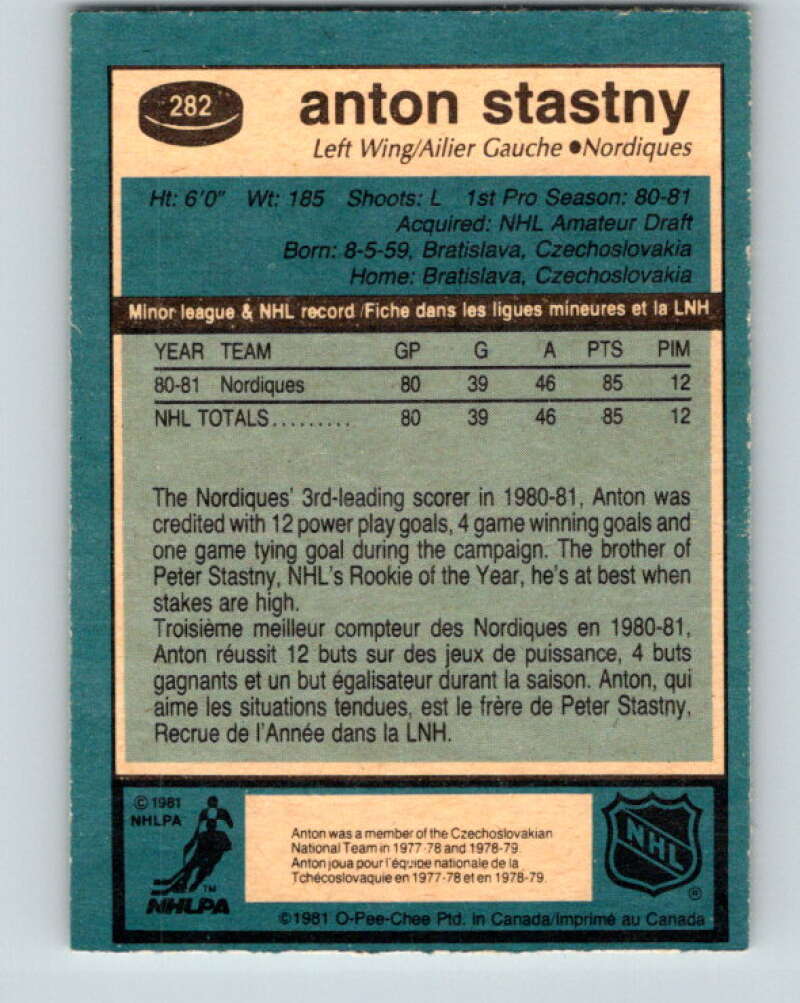 1981-82 O-Pee-Chee #282 Anton Stastny RC Rookie Quebec Nordiques V31484