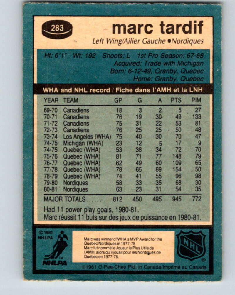 1981-82 O-Pee-Chee #283 Marc Tardif Quebec Nordiques V31489