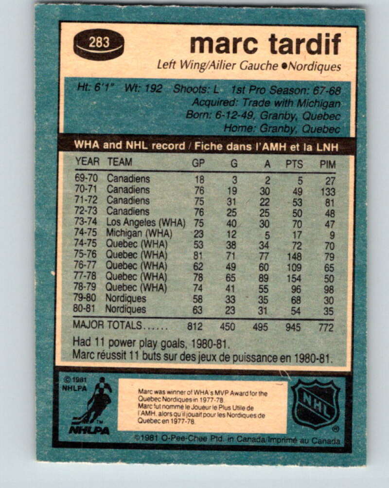 1981-82 O-Pee-Chee #283 Marc Tardif Quebec Nordiques V31490