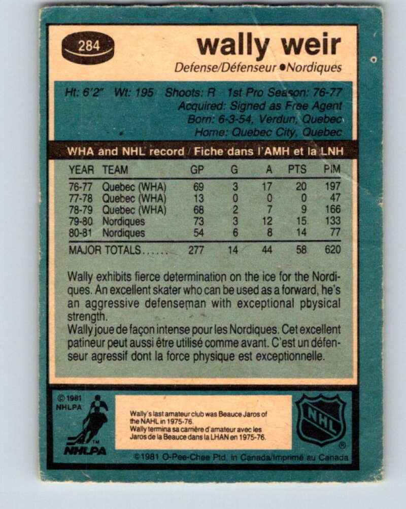 1981-82 O-Pee-Chee #284 Wally Weir Quebec Nordiques V31492