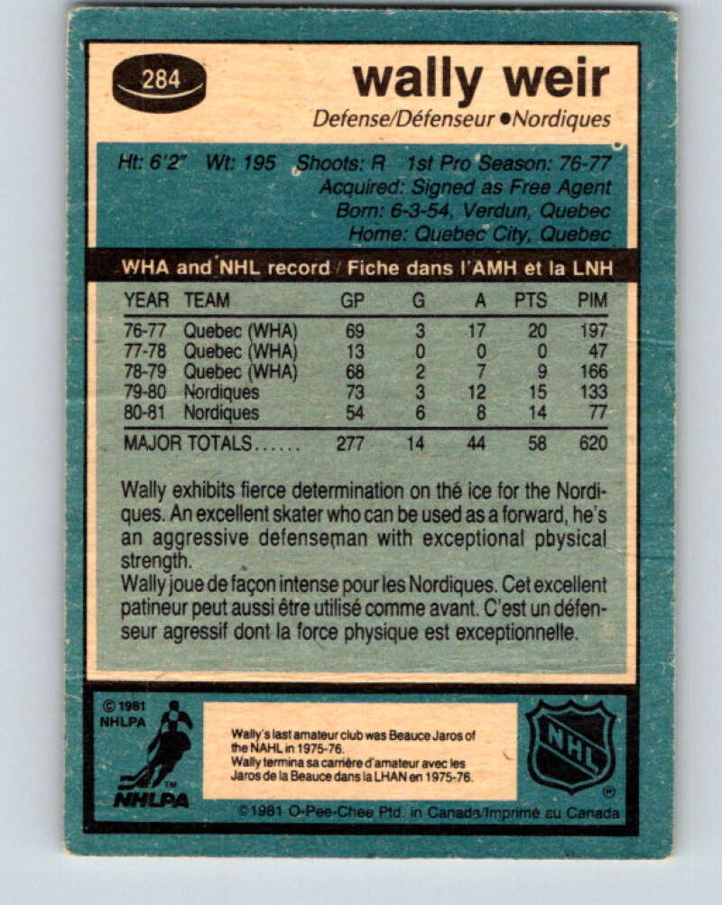 1981-82 O-Pee-Chee #284 Wally Weir Quebec Nordiques V31494