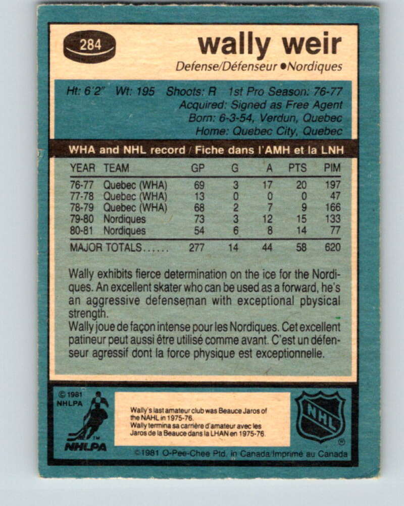 1981-82 O-Pee-Chee #284 Wally Weir Quebec Nordiques V31497