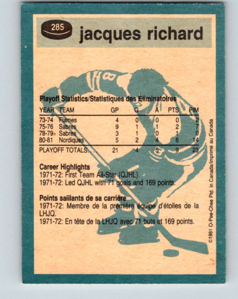 1981-82 O-Pee-Chee #285 Jacques Richard Quebec Nordiques V31499