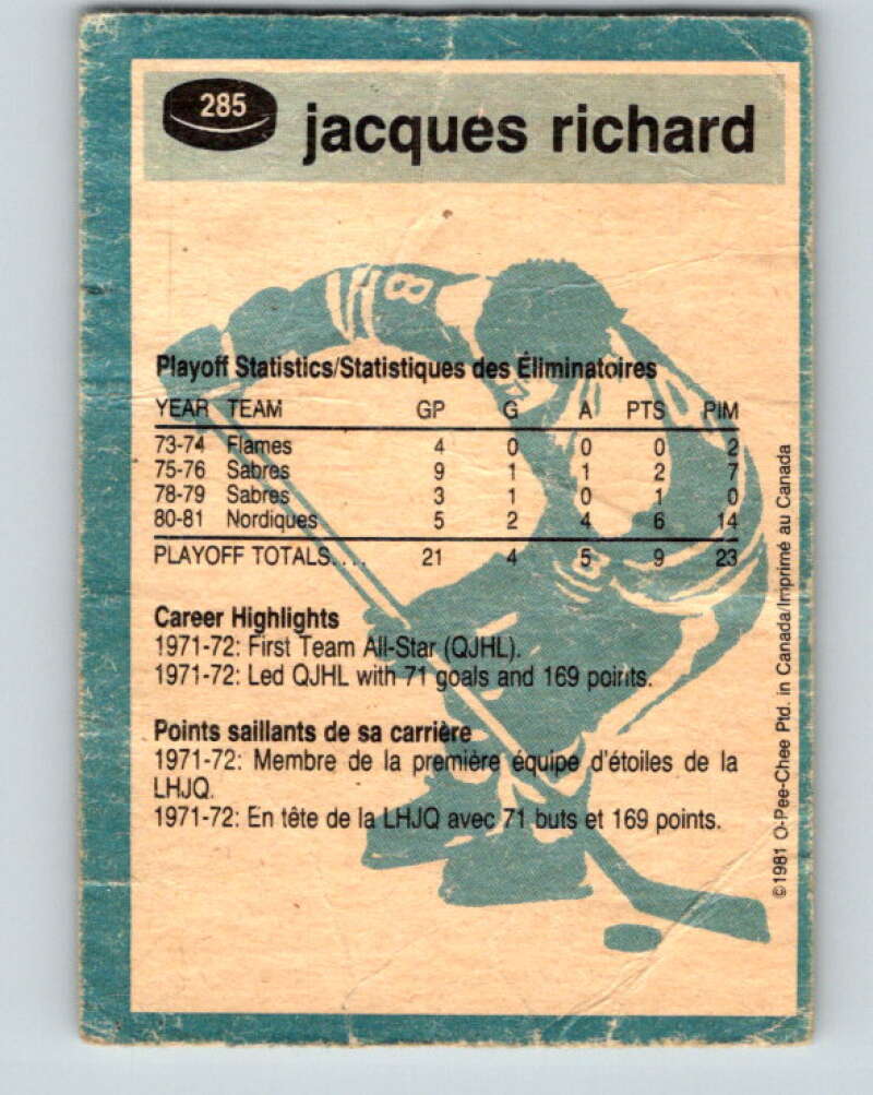 1981-82 O-Pee-Chee #285 Jacques Richard Quebec Nordiques V31500