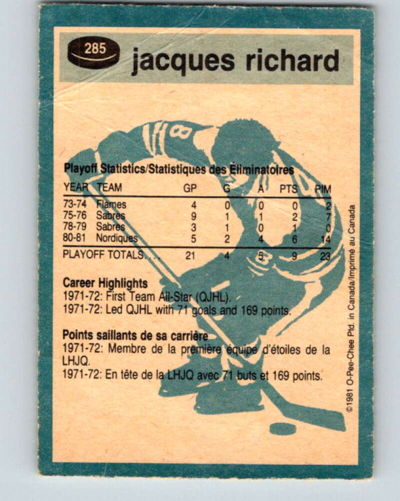1981-82 O-Pee-Chee #285 Jacques Richard Quebec Nordiques V31501