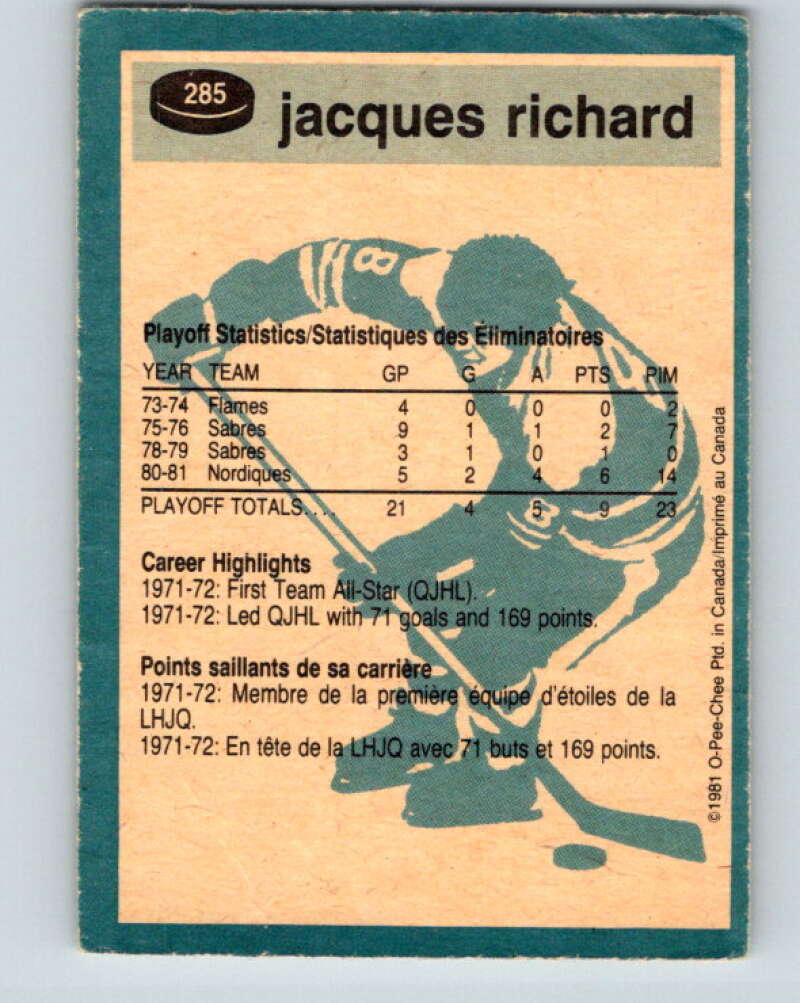 1981-82 O-Pee-Chee #285 Jacques Richard Quebec Nordiques V31502