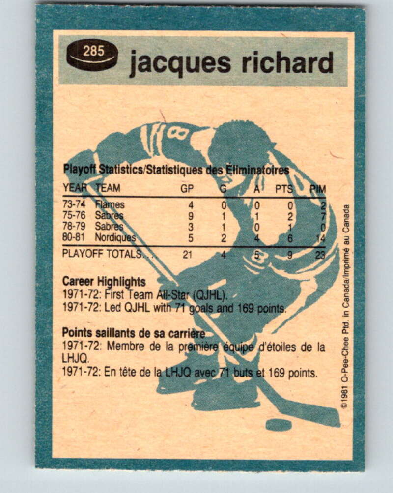 1981-82 O-Pee-Chee #285 Jacques Richard Quebec Nordiques V31503
