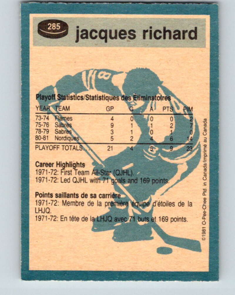 1981-82 O-Pee-Chee #285 Jacques Richard Quebec Nordiques V31504