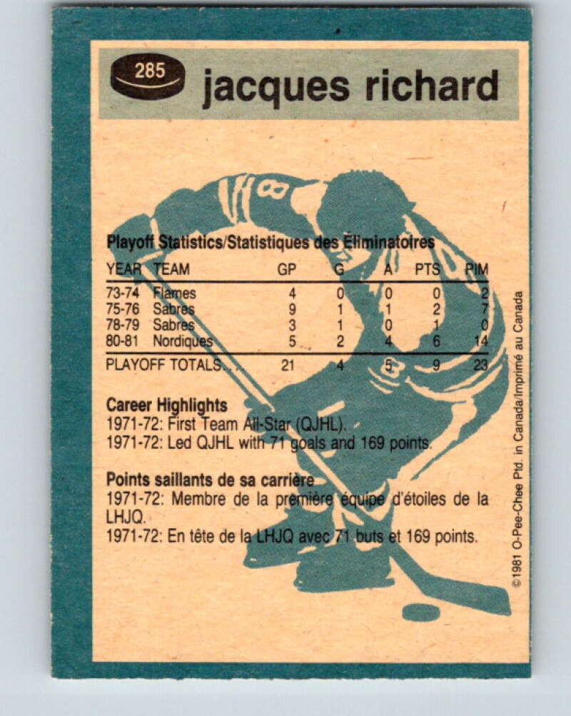 1981-82 O-Pee-Chee #285 Jacques Richard Quebec Nordiques V31505
