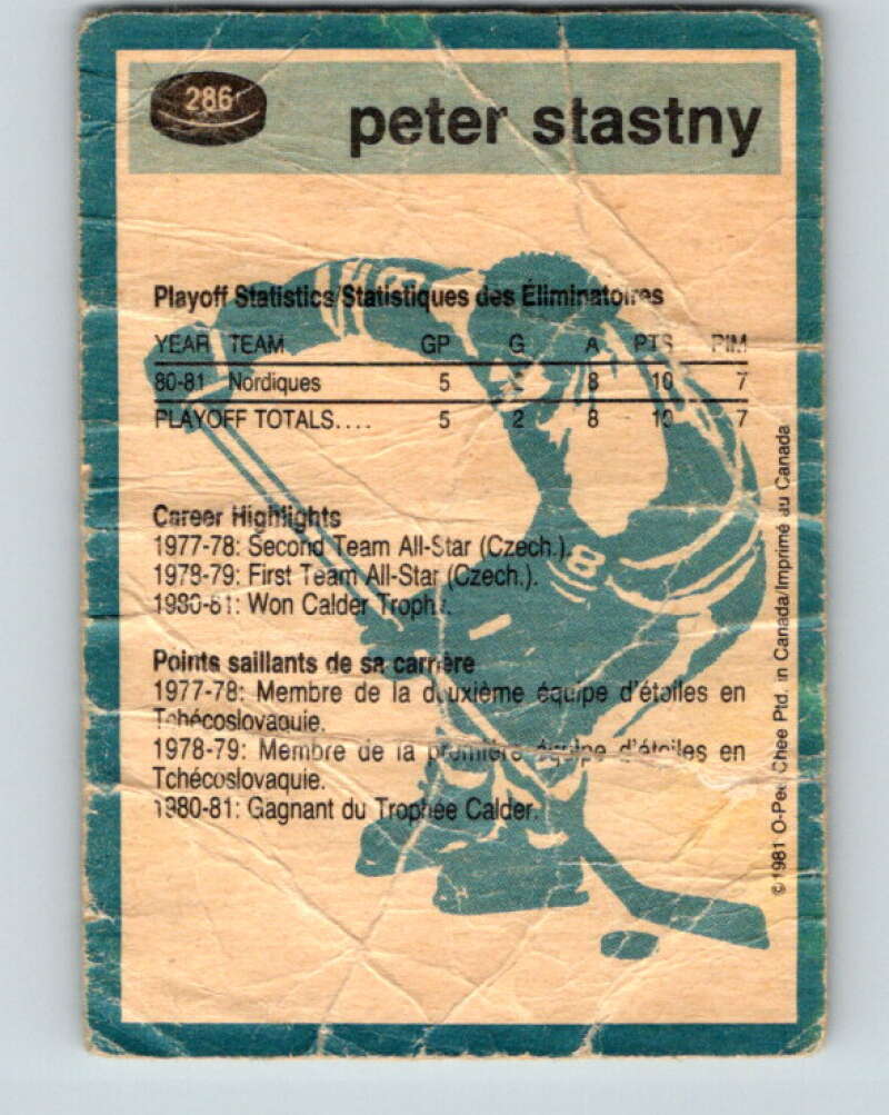 1981-82 O-Pee-Chee #286 Peter Stastny Quebec Nordiques V31506