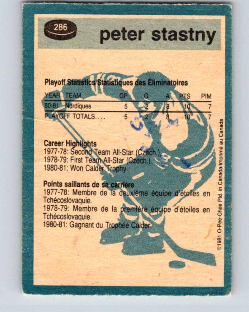 1981-82 O-Pee-Chee #286 Peter Stastny Quebec Nordiques V31507