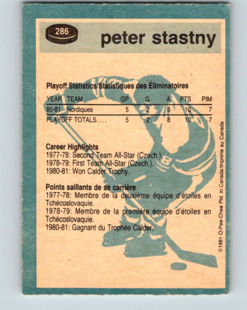 1981-82 O-Pee-Chee #286 Peter Stastny Quebec Nordiques V31508