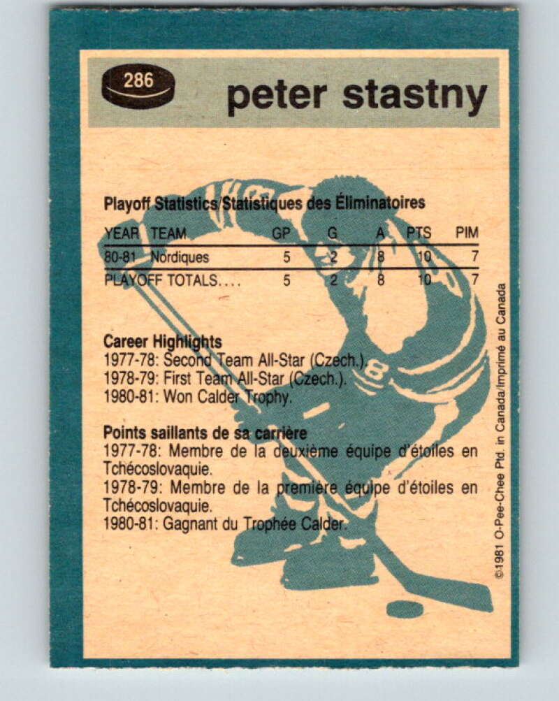 1981-82 O-Pee-Chee #286 Peter Stastny Quebec Nordiques V31510