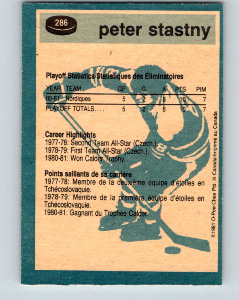 1981-82 O-Pee-Chee #286 Peter Stastny Quebec Nordiques V31512