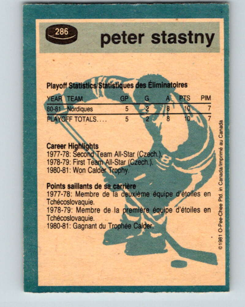 1981-82 O-Pee-Chee #286 Peter Stastny Quebec Nordiques V31513