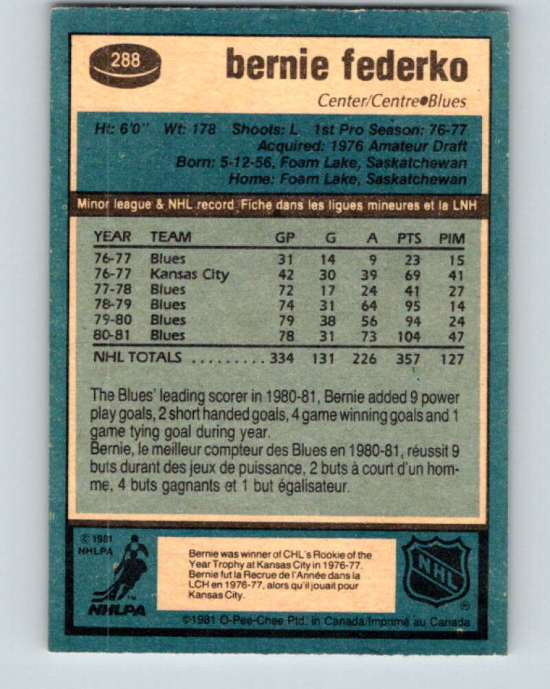 1981-82 O-Pee-Chee #288 Bernie Federko St. Louis Blues V31519