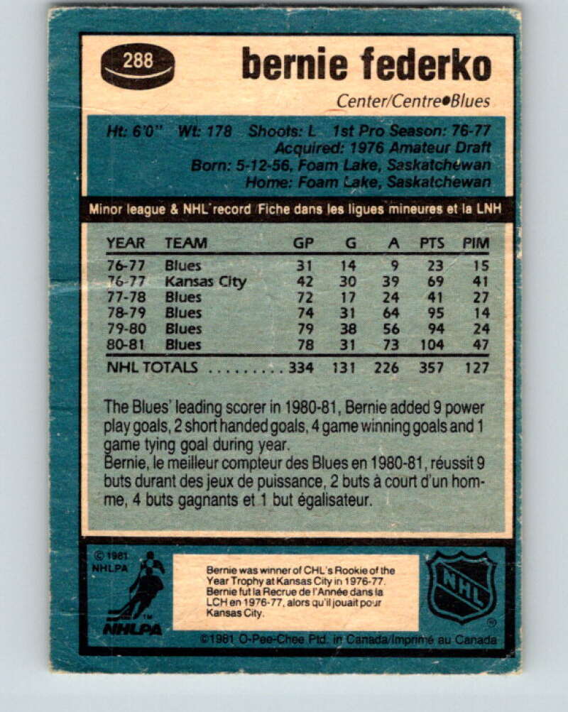 1981-82 O-Pee-Chee #288 Bernie Federko St. Louis Blues V31522