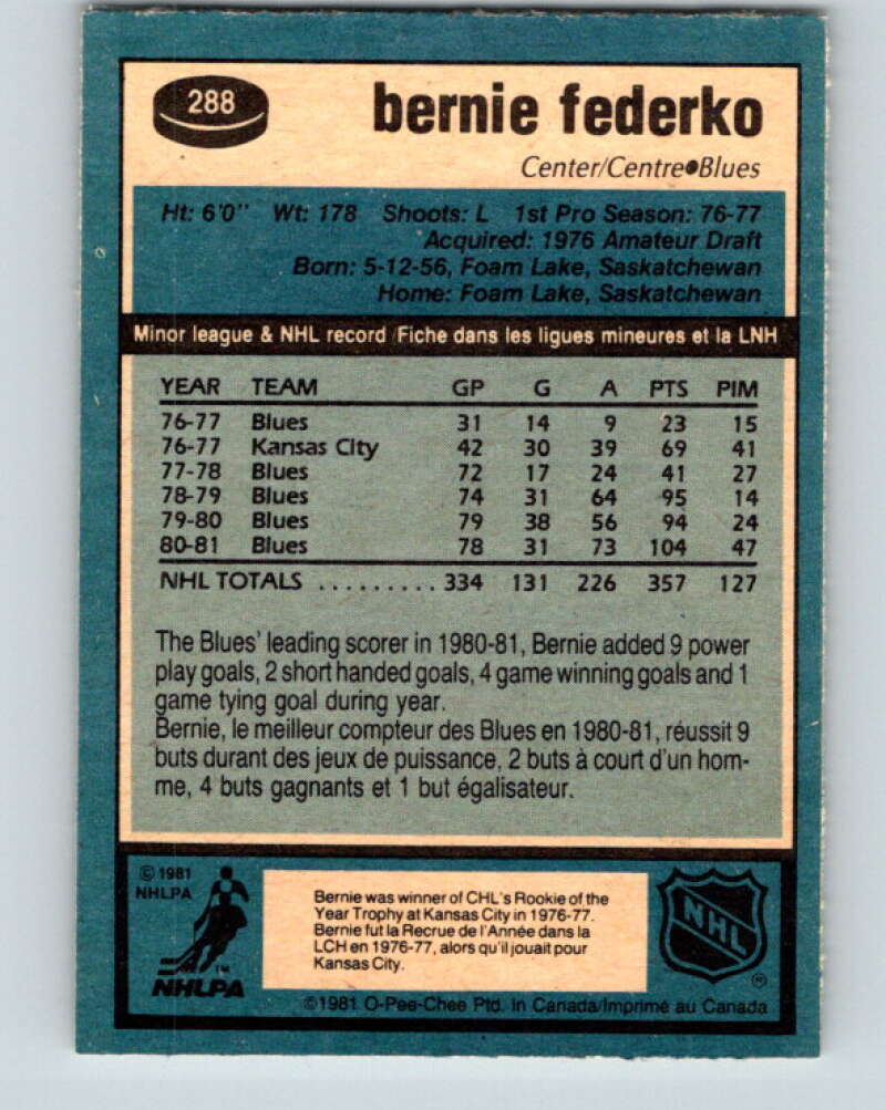 1981-82 O-Pee-Chee #288 Bernie Federko St. Louis Blues V31523