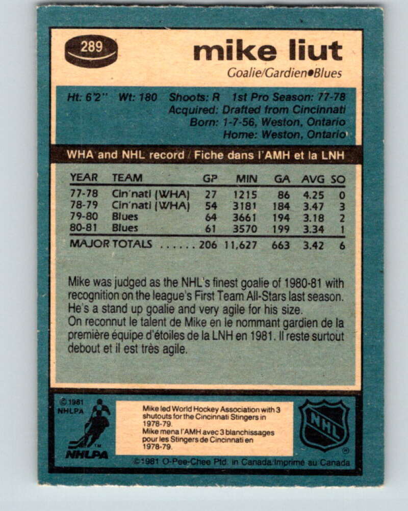 1981-82 O-Pee-Chee #289 Mike Liut St. Louis Blues V31526