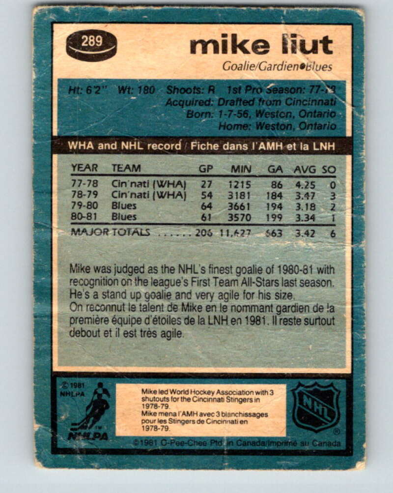 1981-82 O-Pee-Chee #289 Mike Liut St. Louis Blues V31527