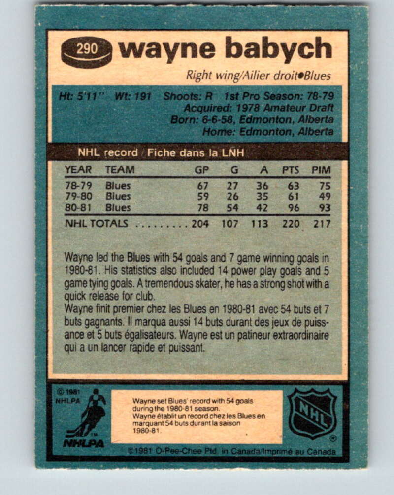 1981-82 O-Pee-Chee #290 Wayne Babych St. Louis Blues V31529